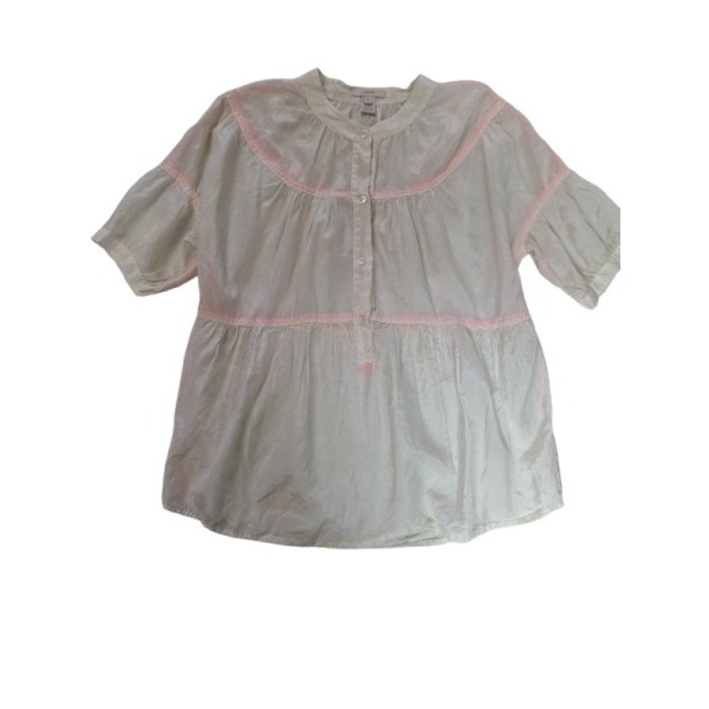 J. Crew Ivory Silk Cotton Babydoll Blouse Pink Trim Puff Sleeve Sz 0